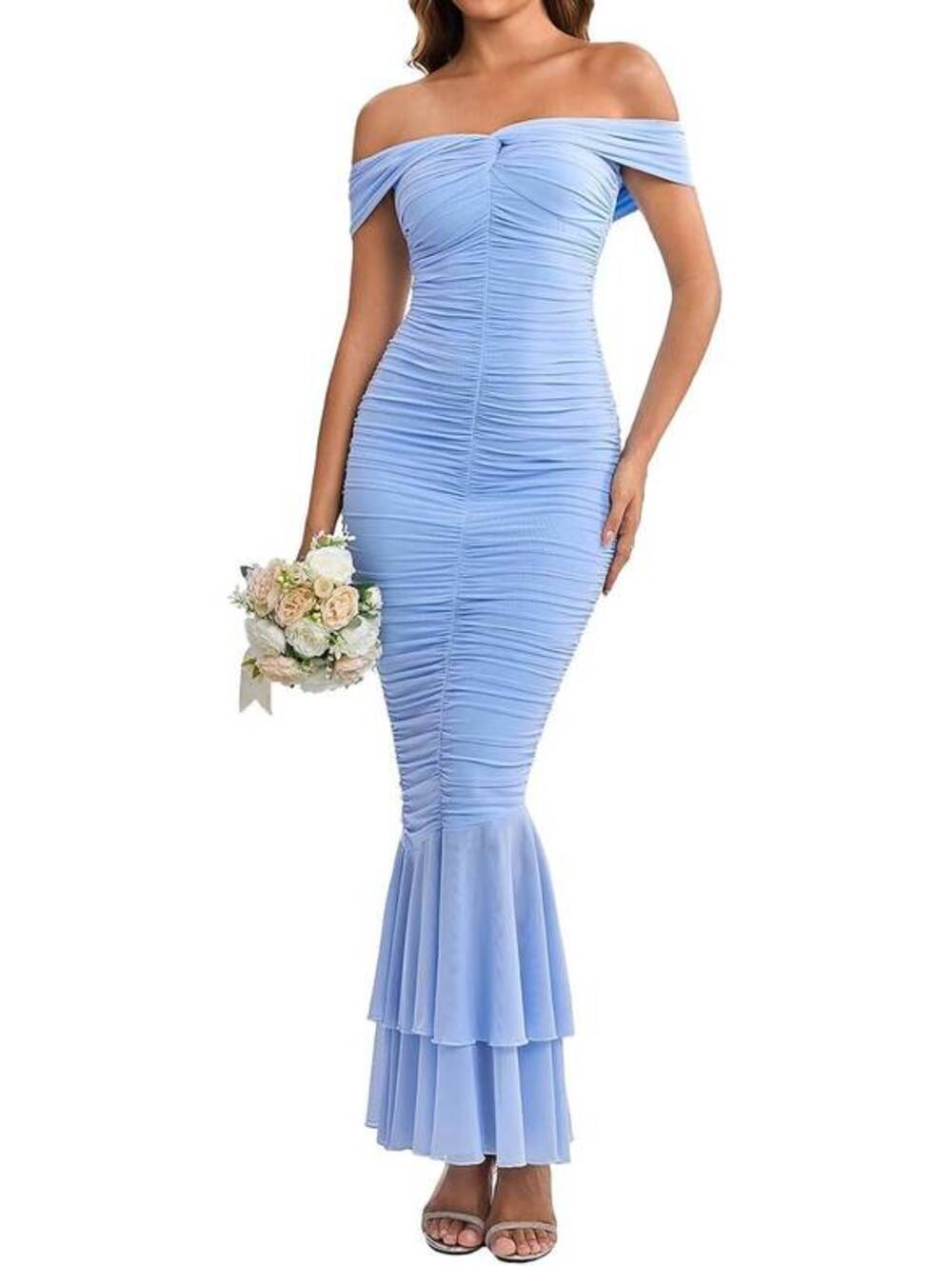 Off Shoulder Maxi Dress - Bodycon Ruched Dress for Women, Grey, Large (US 8-10)